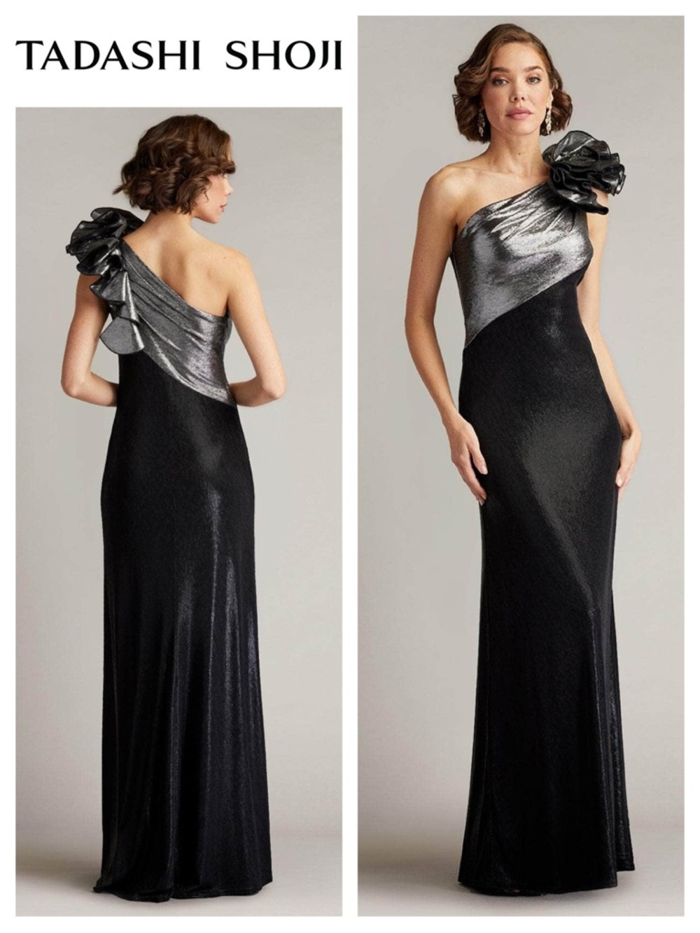 TADASHI SHOJI Korra One Shoulder Metallic Contrast Gown